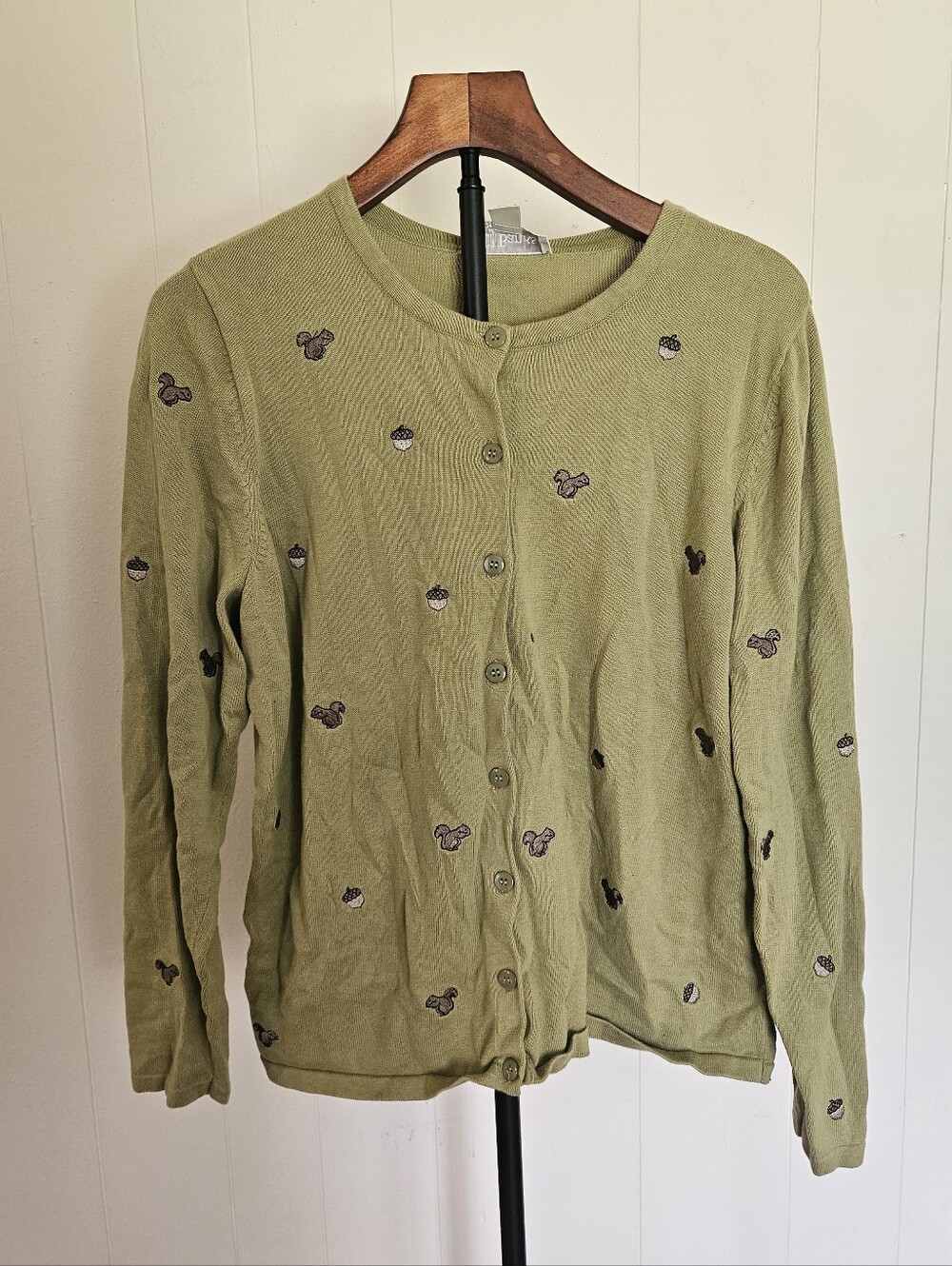 Christopher & Banks 2007 Green Squirrel Embroidered Button Cardigan Size XL